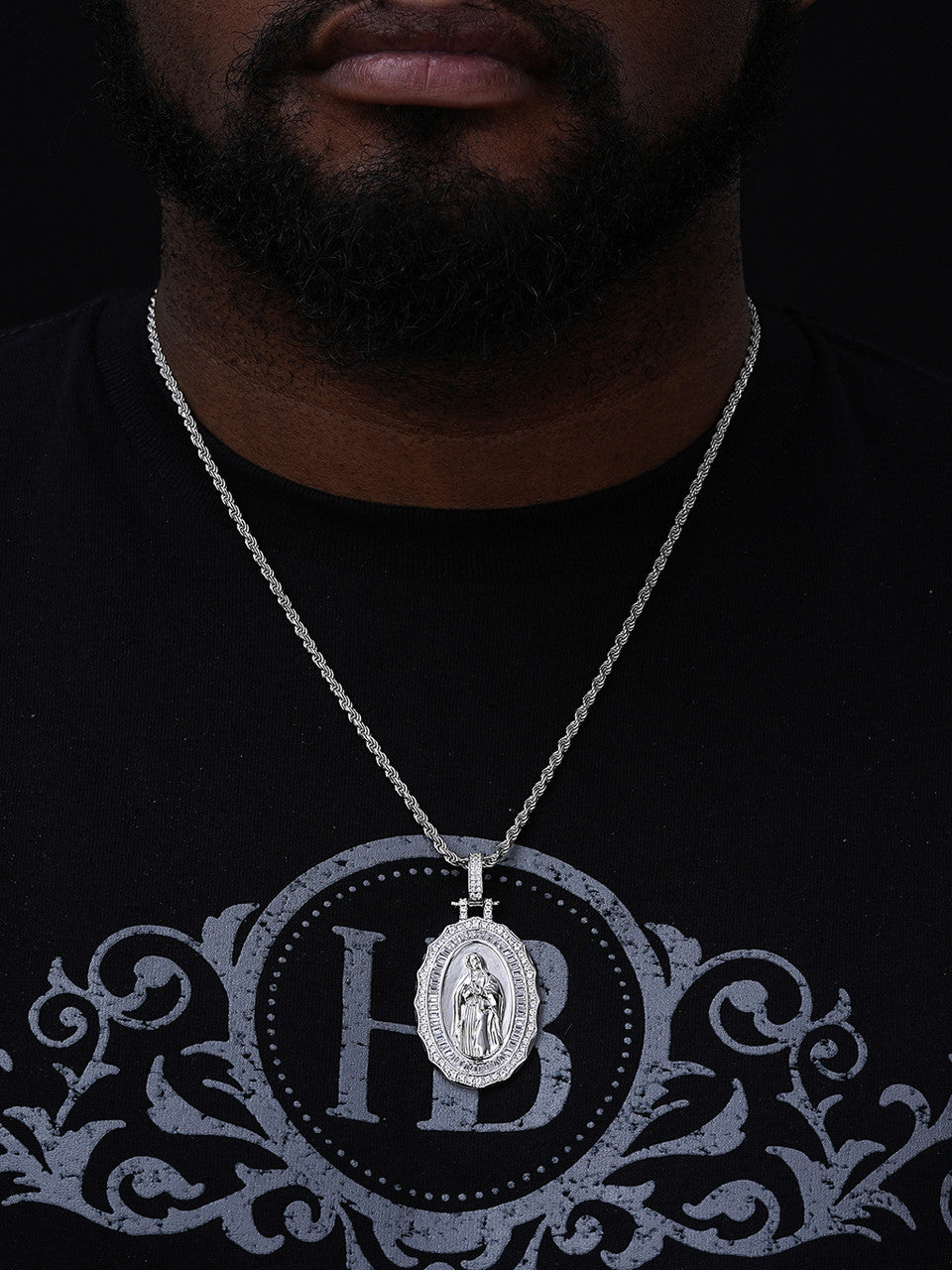 Virgin Mary Iced Medallion Pendant - 925 Silver - CZ Stones - 3 Sizes 1.75"-3.25"