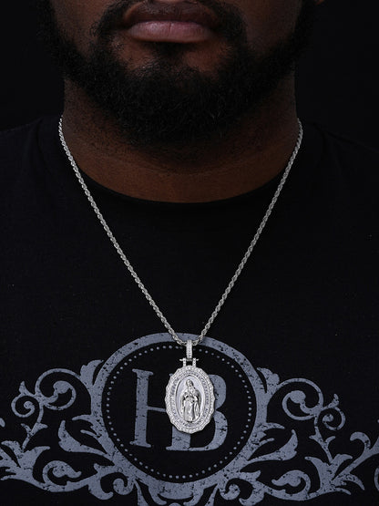 Virgin Mary Iced Medallion Pendant - 925 Silver - CZ Stones - 3 Sizes 1.75"-3.25"