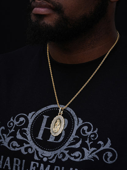 Virgin Mary Iced Medallion Pendant - 14k Gold Vermeil 925 Silver - CZ Stones - 3 Sizes 1.75"-3.25"