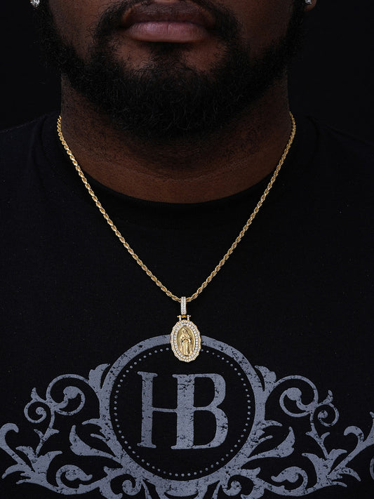 Virgin Mary Iced Medallion Pendant - 14k Gold Vermeil 925 Silver - CZ Stones - 3 Sizes 1.75"-3.25"