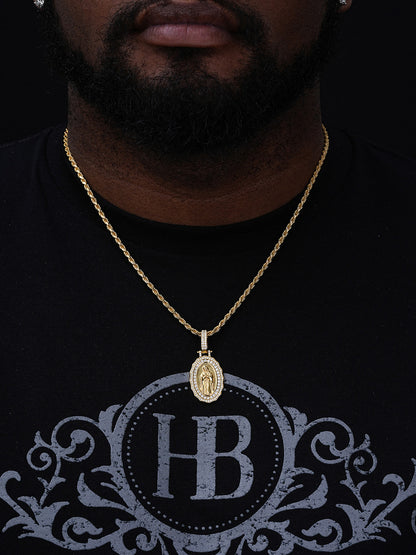 Real 925 Sterling Silver - Virgin Mary Necklace Pendant Iced Baguette Medallion