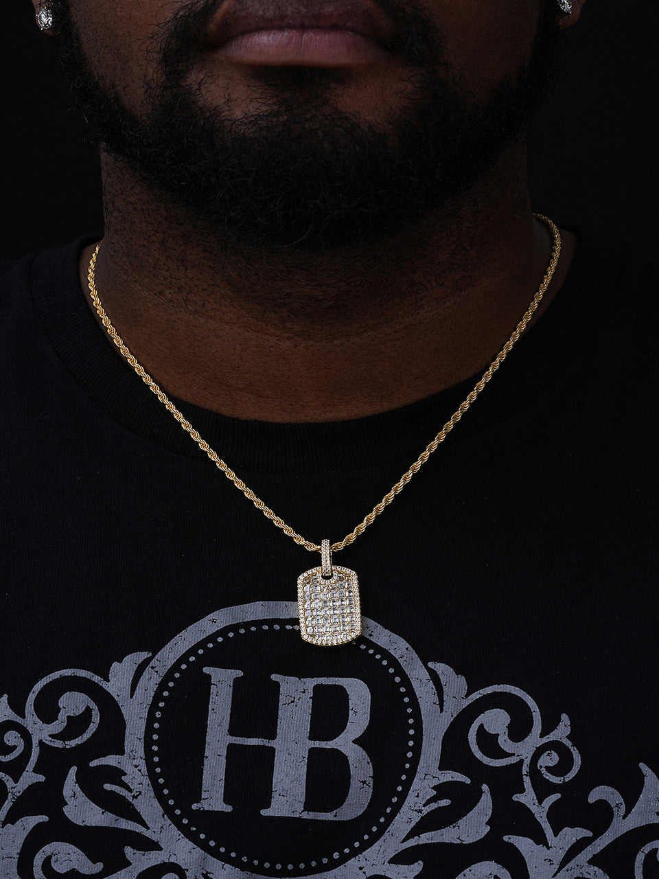 Dog Tag Iced Baguette Pendant - 14k Gold Vermeil Or 925 Silver - CZ Stones - Small 1.5"