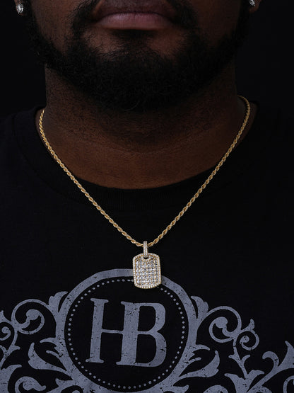 Dog Tag Iced Baguette Pendant - 14k Gold Vermeil Or 925 Silver - CZ Stones - Small 1.5"