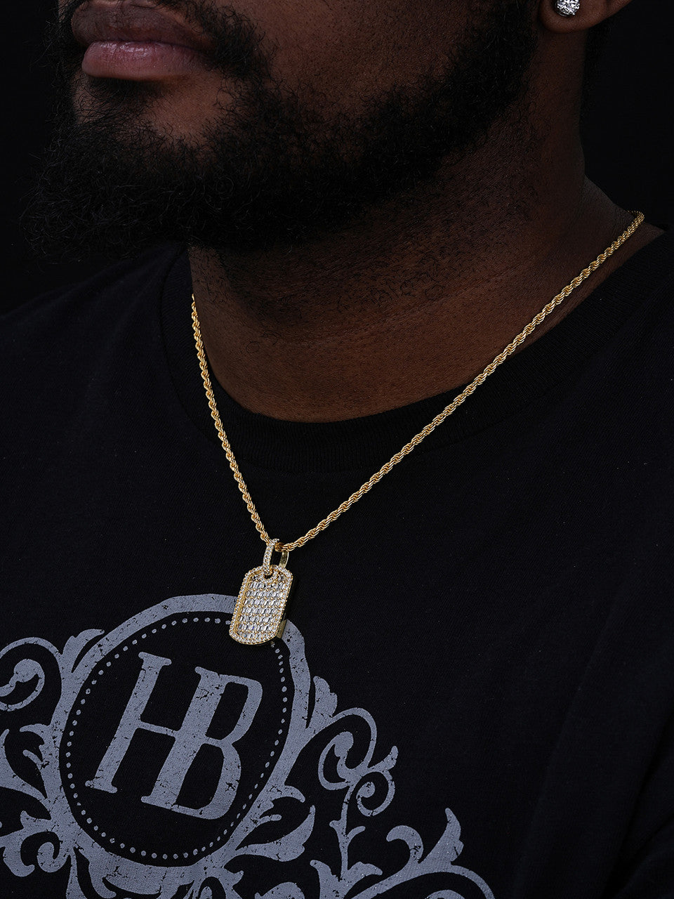 Dog Tag Iced Baguette Pendant - 14k Gold Vermeil Or 925 Silver - CZ Stones - Small 1.5"