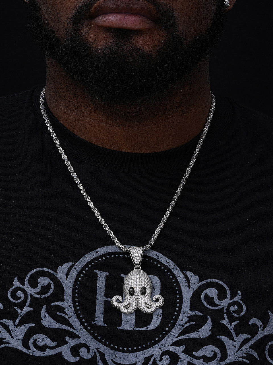 Octopus Emoji Pendant - 925 Silver - CZ Stones - Large 2.25"