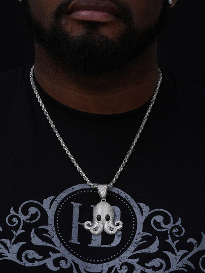 Octopus Emoji Pendant - 925 Silver - CZ Stones - Large 2.25"