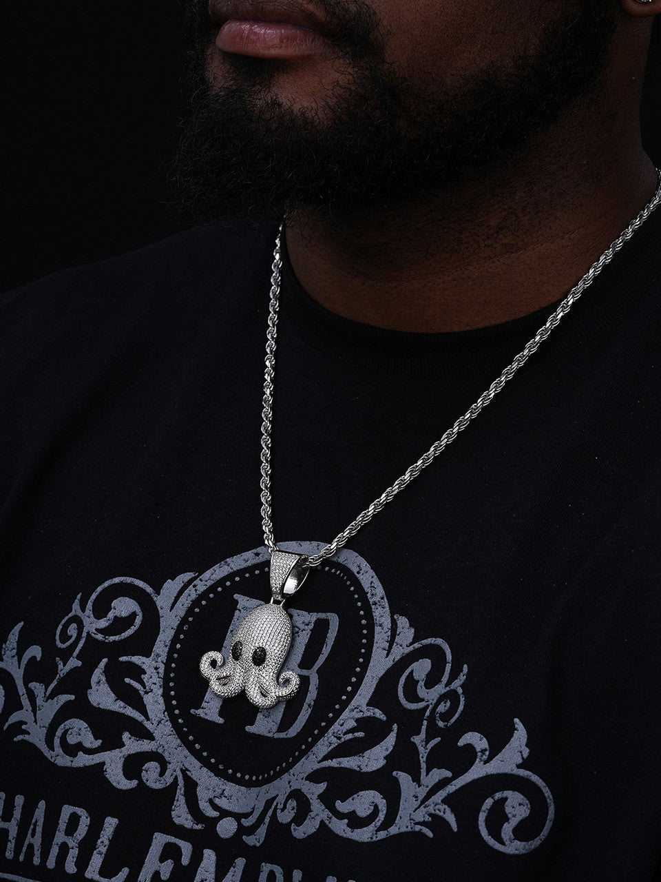 Octopus Emoji Pendant - 925 Silver - CZ Stones - Large 2.25"