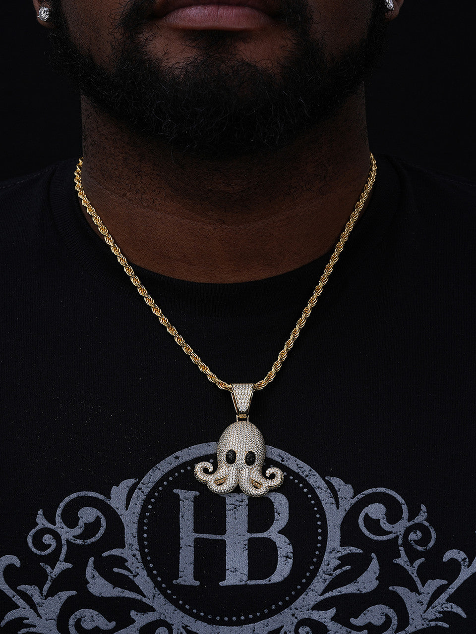 Octopus Emoji Pendant - 14k Gold Vermeil 925 Silver - CZ Stones - Large 2.25"