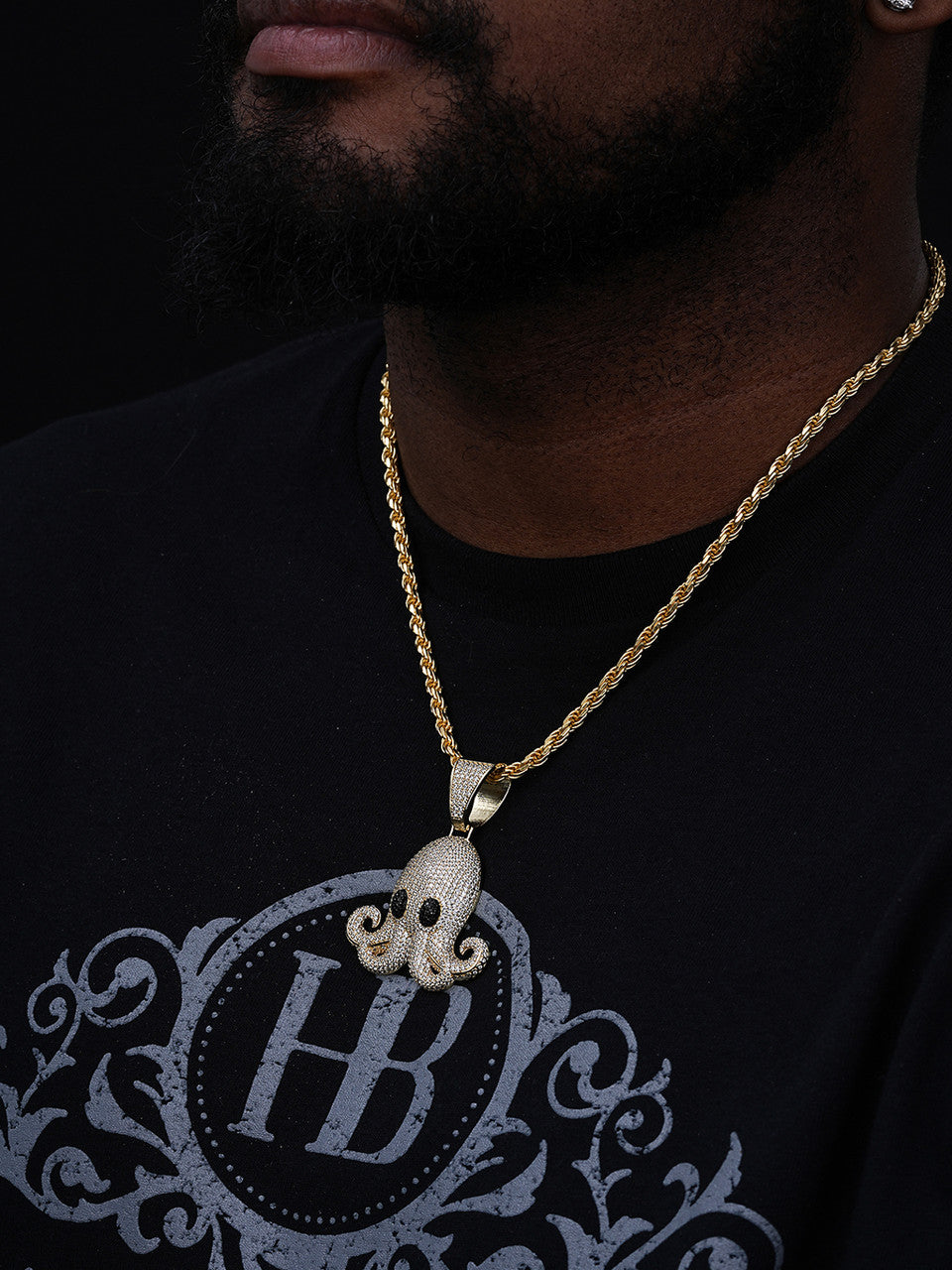 Octopus Emoji Pendant - 14k Gold Vermeil 925 Silver - CZ Stones - Large 2.25"