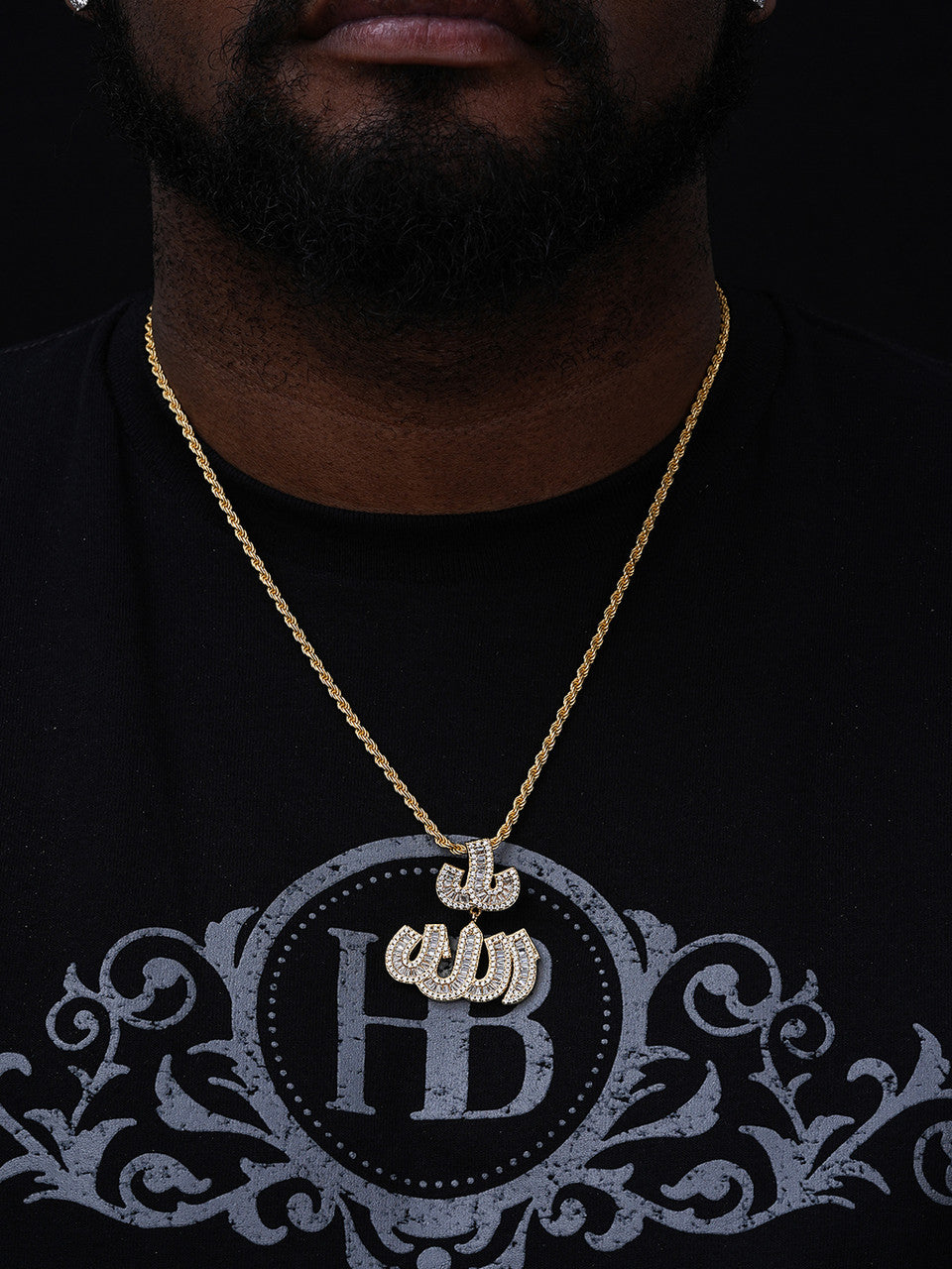 Allah Arabic Iced Diamond Baguette Pendant - 14k Gold Vermeil Or 925 Silver - CZ Stones - Medium 1.75"