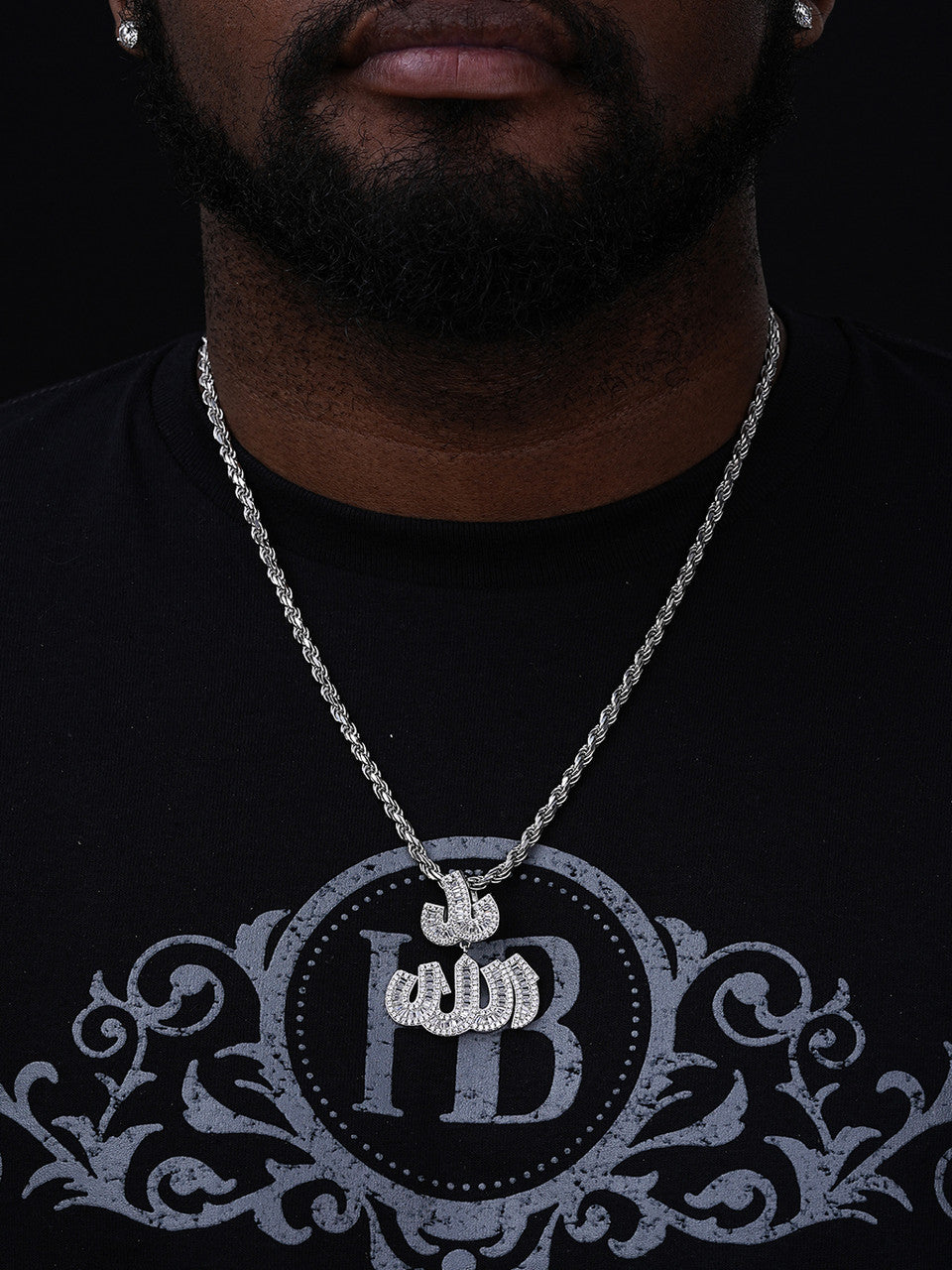 Allah Arabic Iced Diamond Baguette Pendant - 14k Gold Vermeil Or 925 Silver - CZ Stones - Medium 1.75"