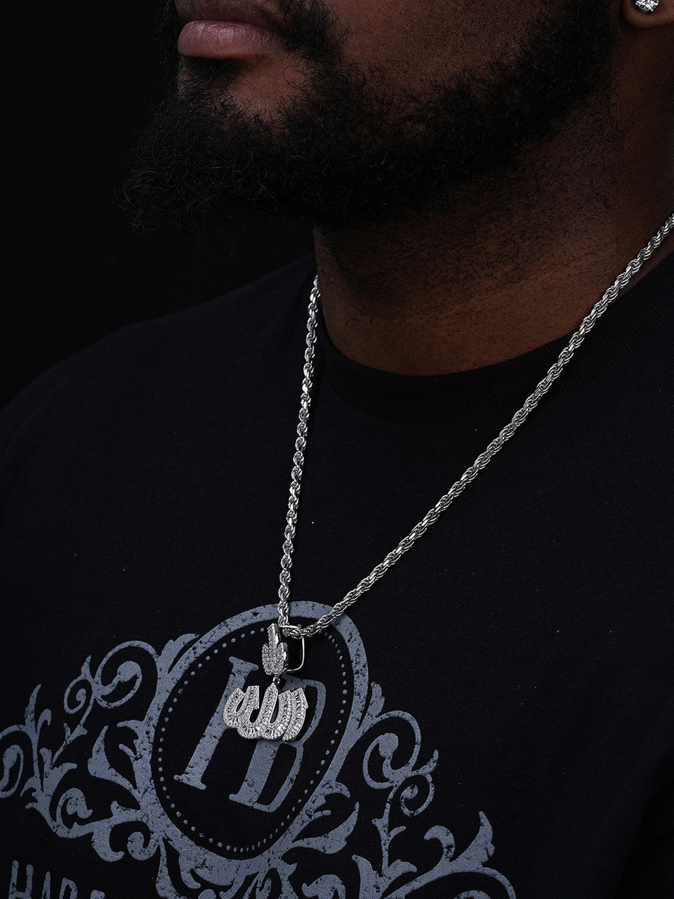 Allah Arabic Iced Diamond Baguette Pendant - 14k Gold Vermeil Or 925 Silver - CZ Stones - Medium 1.75"