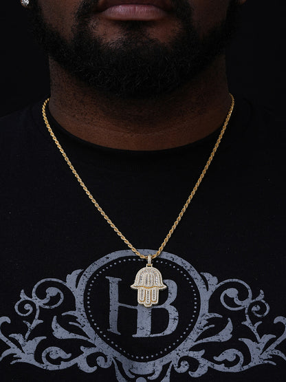 Hamsa Hand Iced Baguette Pendant - 14k Gold Vermeil Or 925 Silver - CZ Stones - Medium 2"