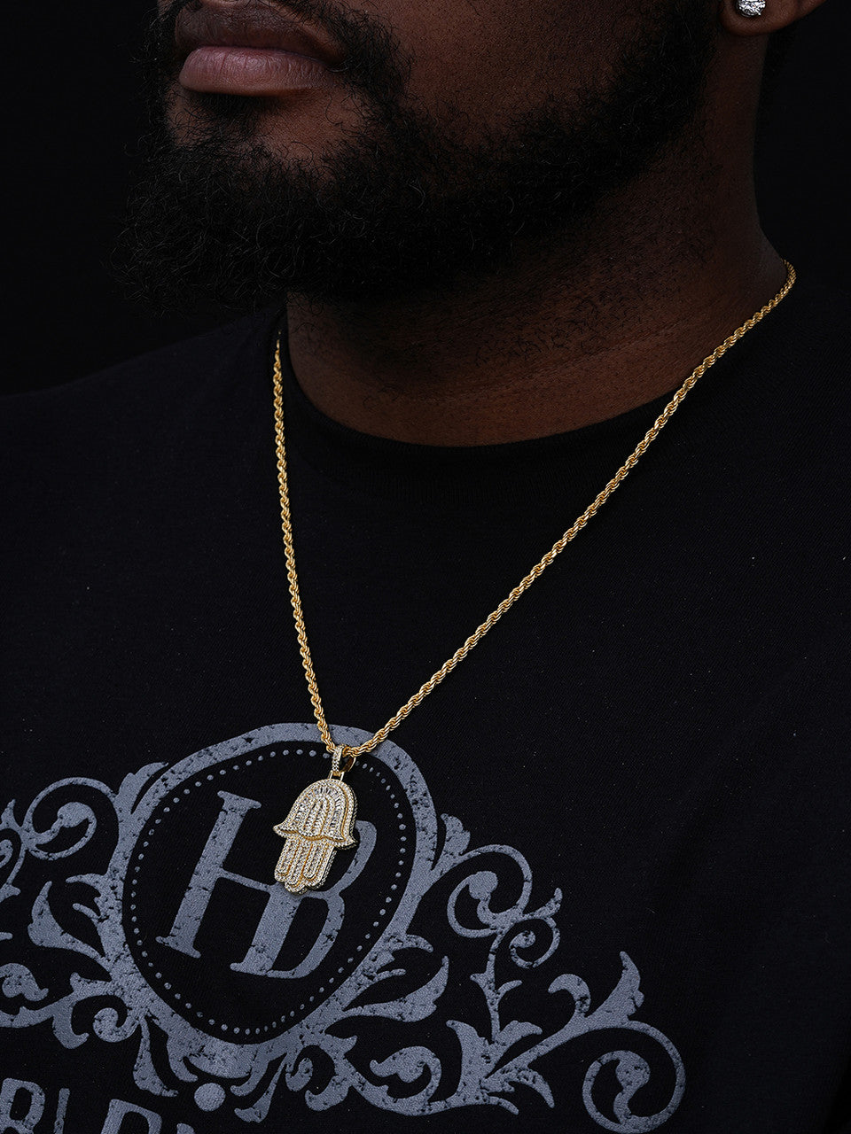 Hamsa Hand Iced Baguette Pendant - 14k Gold Vermeil Or 925 Silver - CZ Stones - Medium 2"