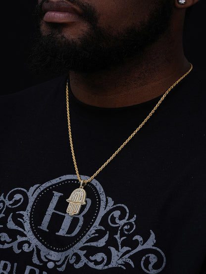 Hamsa Hand Iced Baguette Pendant - 14k Gold Vermeil Or 925 Silver - CZ Stones - Medium 2"