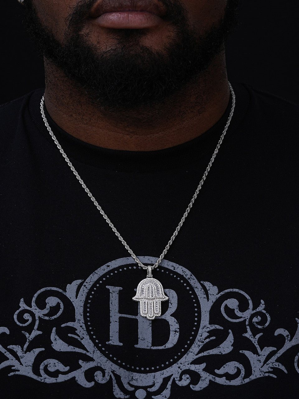 Hamsa Hand Iced Baguette Pendant - 14k Gold Vermeil Or 925 Silver - CZ Stones - Medium 2"