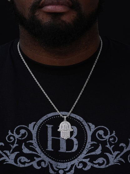 Hamsa Hand Iced Baguette Pendant - 14k Gold Vermeil Or 925 Silver - CZ Stones - Medium 2"