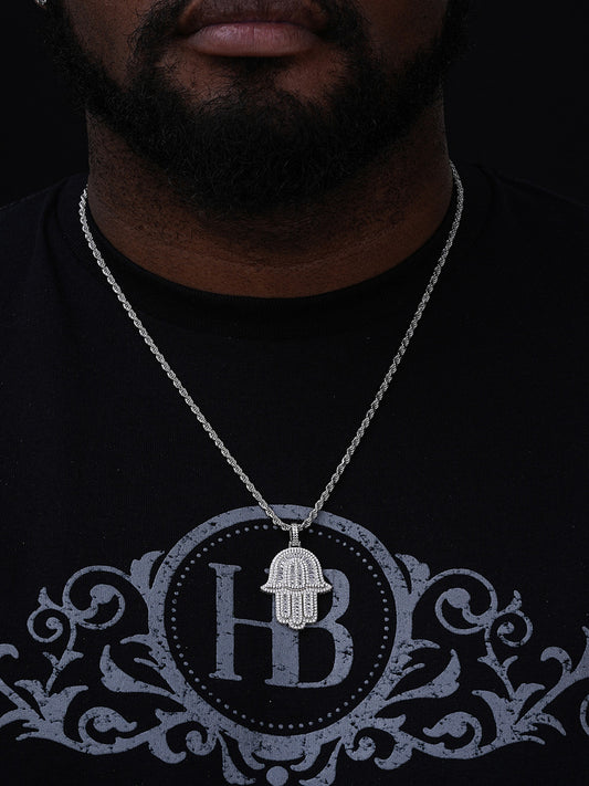 Hamsa Hand Iced Baguette Pendant - 14k Gold Vermeil Or 925 Silver - CZ Stones - Medium 2"