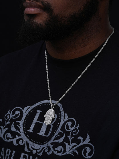 Hamsa Hand Iced Baguette Pendant - 14k Gold Vermeil Or 925 Silver - CZ Stones - Medium 2"