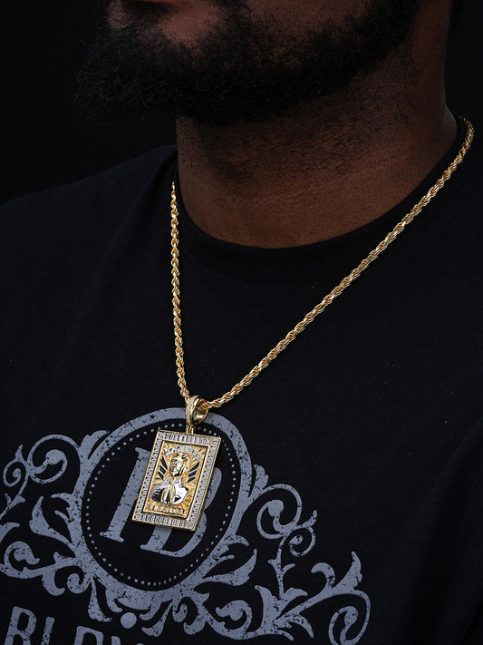 Jesus Malverde Narco Saint Pendant - 14k Gold Vermeil Or 925 Silver - CZ Stones - Large 2.75"