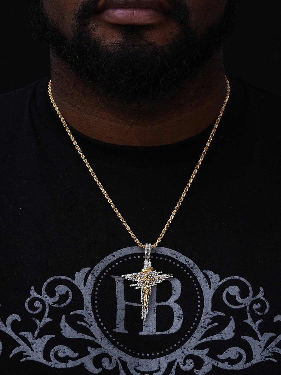 Baguette Crucifix Jesus Cross Iced Pendant - 14k Gold Vermeil Or 925 Silver - CZ Stones - Large 2.5"