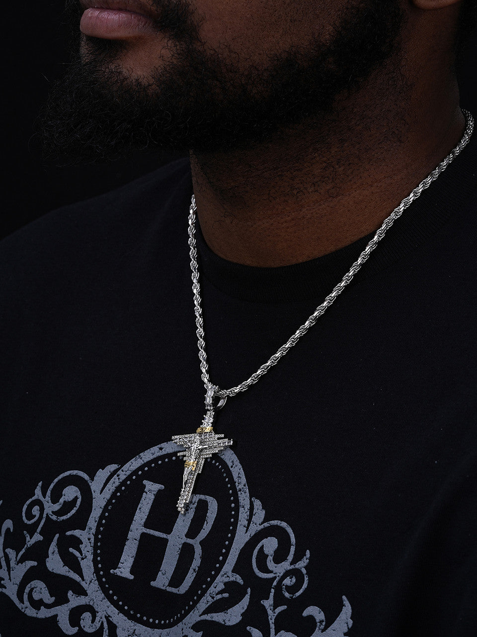 Baguette Crucifix Jesus Cross Iced Pendant - 14k Gold Vermeil Or 925 Silver - CZ Stones - Large 2.5"