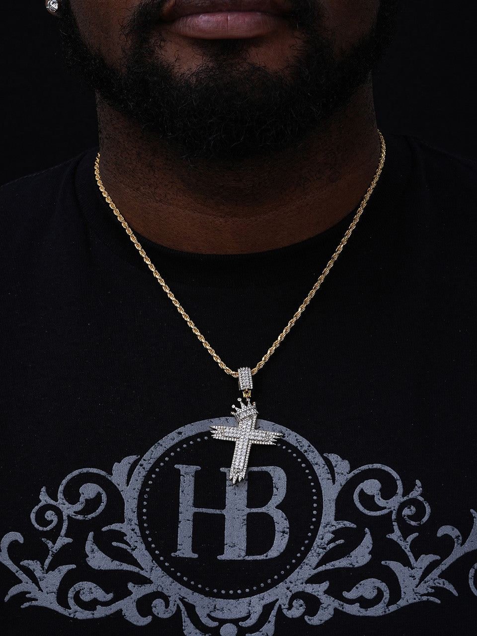 Baguette W. King Crown Bust Down Cross Pendant - 14k Gold Vermeil Or 925 Silver - CZ Stones - Large 3"