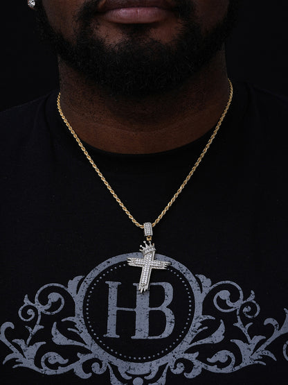 Baguette W. King Crown Bust Down Cross Pendant - 14k Gold Vermeil Or 925 Silver - CZ Stones - Large 3"