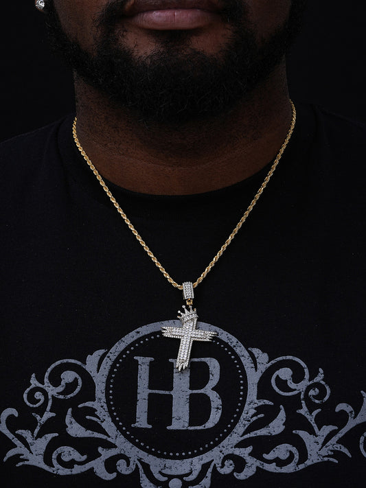 Baguette W. King Crown Bust Down Cross Pendant - 14k Gold Vermeil Or 925 Silver - CZ Stones - Large 3"