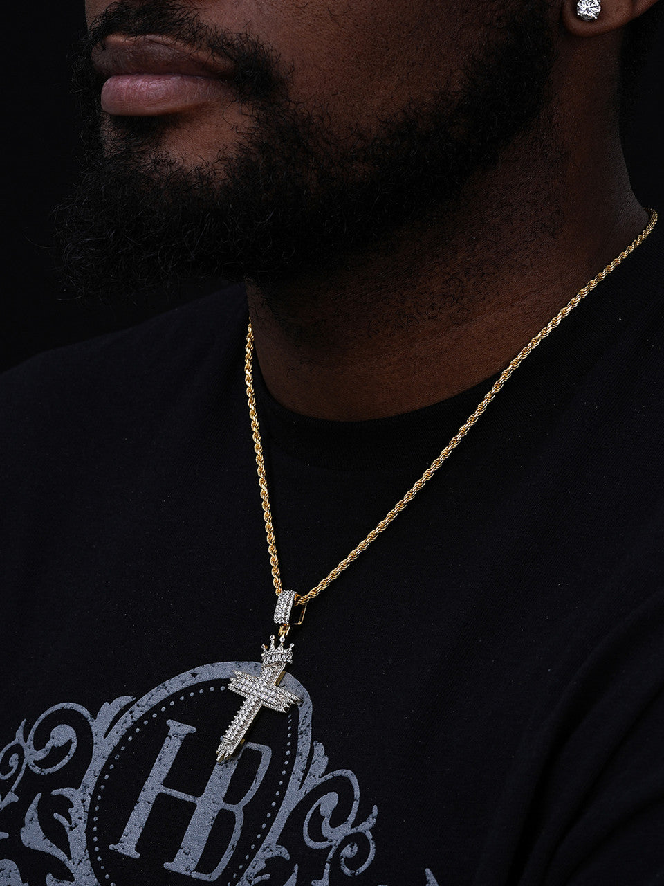 Baguette W. King Crown Bust Down Cross Pendant - 14k Gold Vermeil Or 925 Silver - CZ Stones - Large 3"