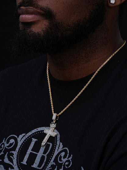 Baguette W. King Crown Bust Down Cross Pendant - 14k Gold Vermeil Or 925 Silver - CZ Stones - Large 3"