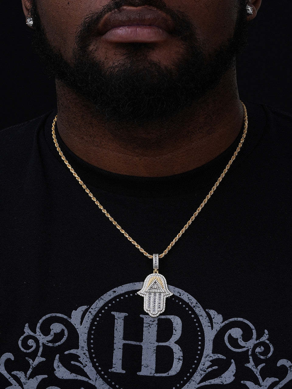 Hamsa Hand Masonic Pyramid Iced Out Pendant - 14k Gold Vermeil Or 925 Silver - CZ Stones - Medium 2"