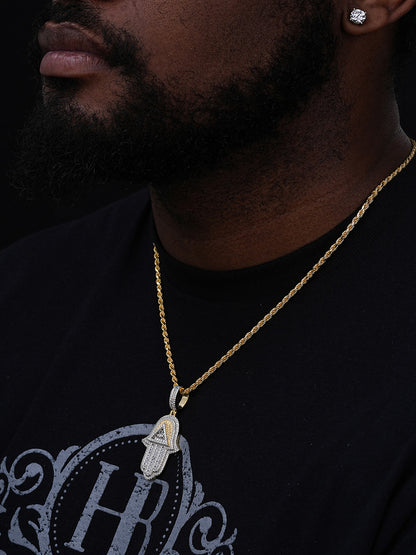 Hamsa Hand Masonic Pyramid Iced Out Pendant - 14k Gold Vermeil Or 925 Silver - CZ Stones - Medium 2"