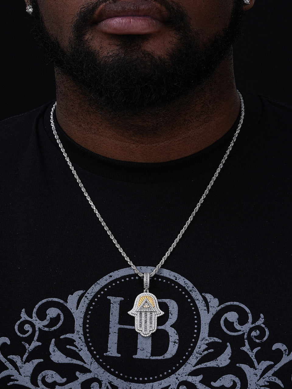 Hamsa Hand Masonic Pyramid Iced Out Pendant - 14k Gold Vermeil Or 925 Silver - CZ Stones - Medium 2"