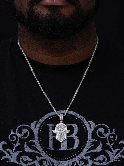 Hand Of Fatima W. Islamic Allah Sign Pendant - 14k Gold Vermeil Or 925 Silver - CZ Stones - Medium 2"