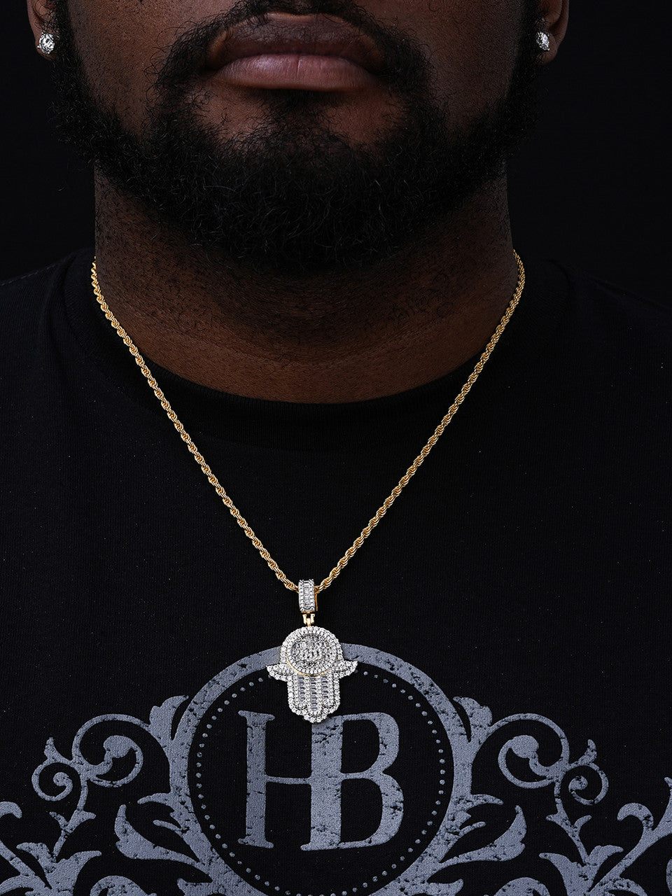 Hand Of Fatima W. Islamic Allah Sign Pendant - 14k Gold Vermeil Or 925 Silver - CZ Stones - Medium 2"