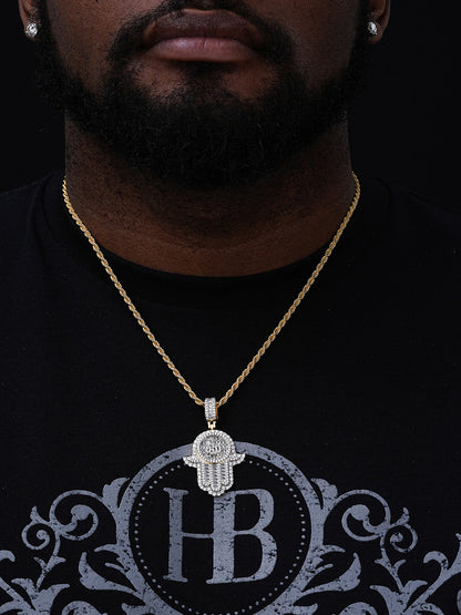 Hand Of Fatima W. Islamic Allah Sign Pendant - 14k Gold Vermeil Or 925 Silver - CZ Stones - Medium 2"