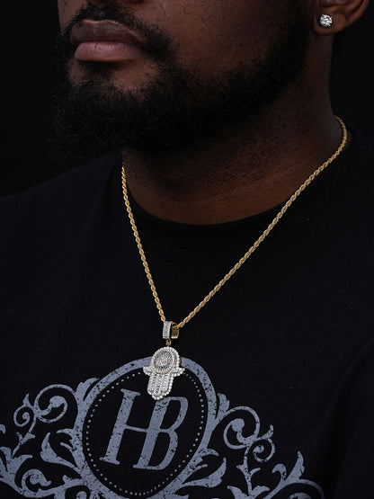 Hand Of Fatima W. Islamic Allah Sign Pendant - 14k Gold Vermeil Or 925 Silver - CZ Stones - Medium 2"