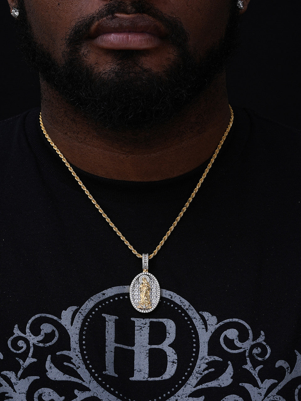 Virgin Mary Iced Out Pendant - 14k Gold Vermeil 925 Silver - Medium 2"