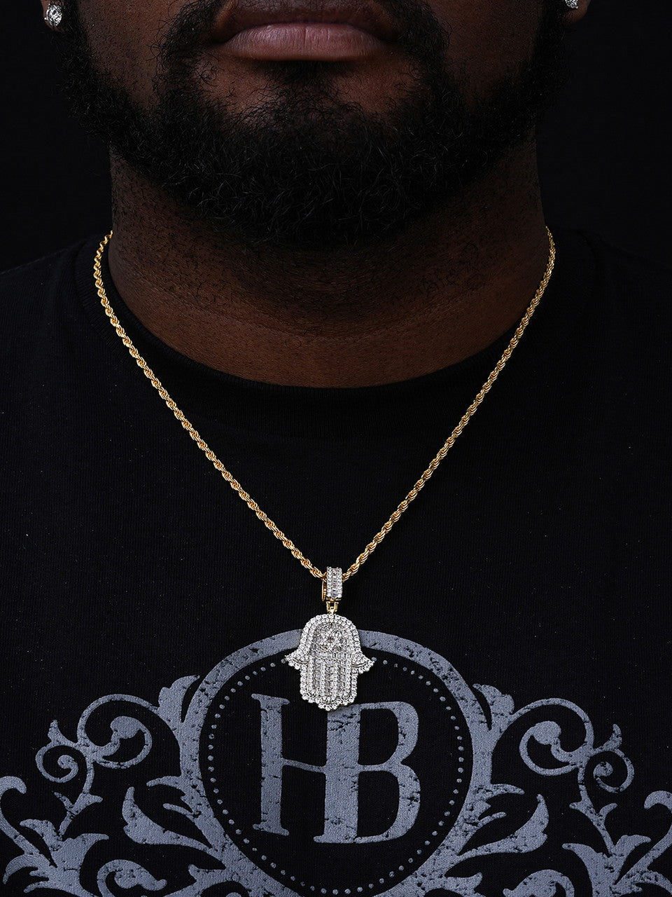 Hamsa Hand W. Star Of David Iced Out Pendant - 14k Gold Vermeil or 925 Silver - CZ Stones - Medium 2"