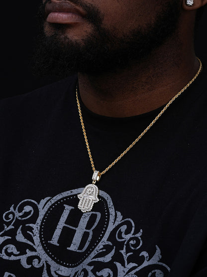 Hamsa Hand W. Star Of David Iced Out Pendant - 14k Gold Vermeil or 925 Silver - CZ Stones - Medium 2"