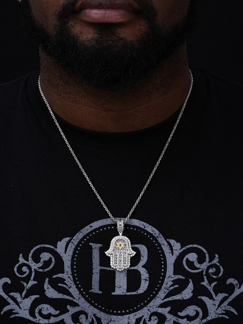 Hamsa Hand W. Star Of David Iced Out Pendant - 14k Gold Vermeil or 925 Silver - CZ Stones - Medium 2"