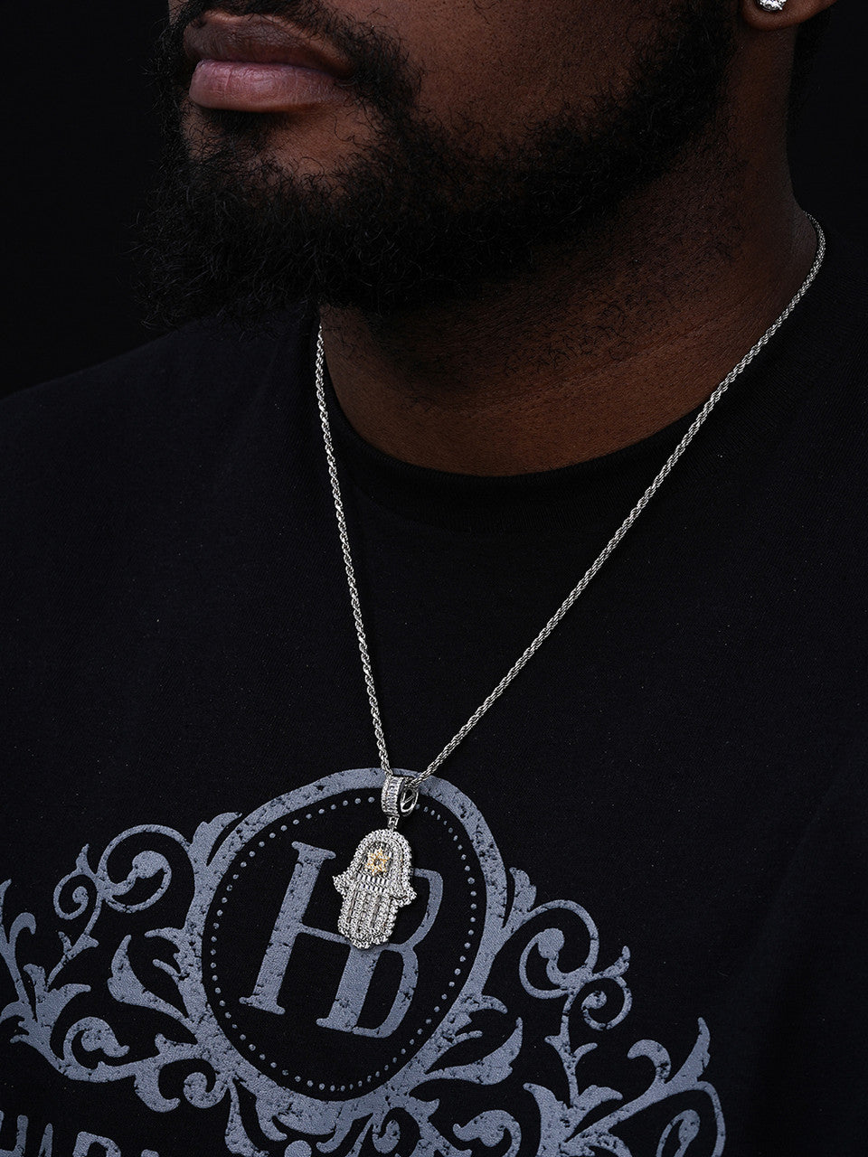 Hamsa Hand W. Star Of David Iced Out Pendant - 14k Gold Vermeil or 925 Silver - CZ Stones - Medium 2"