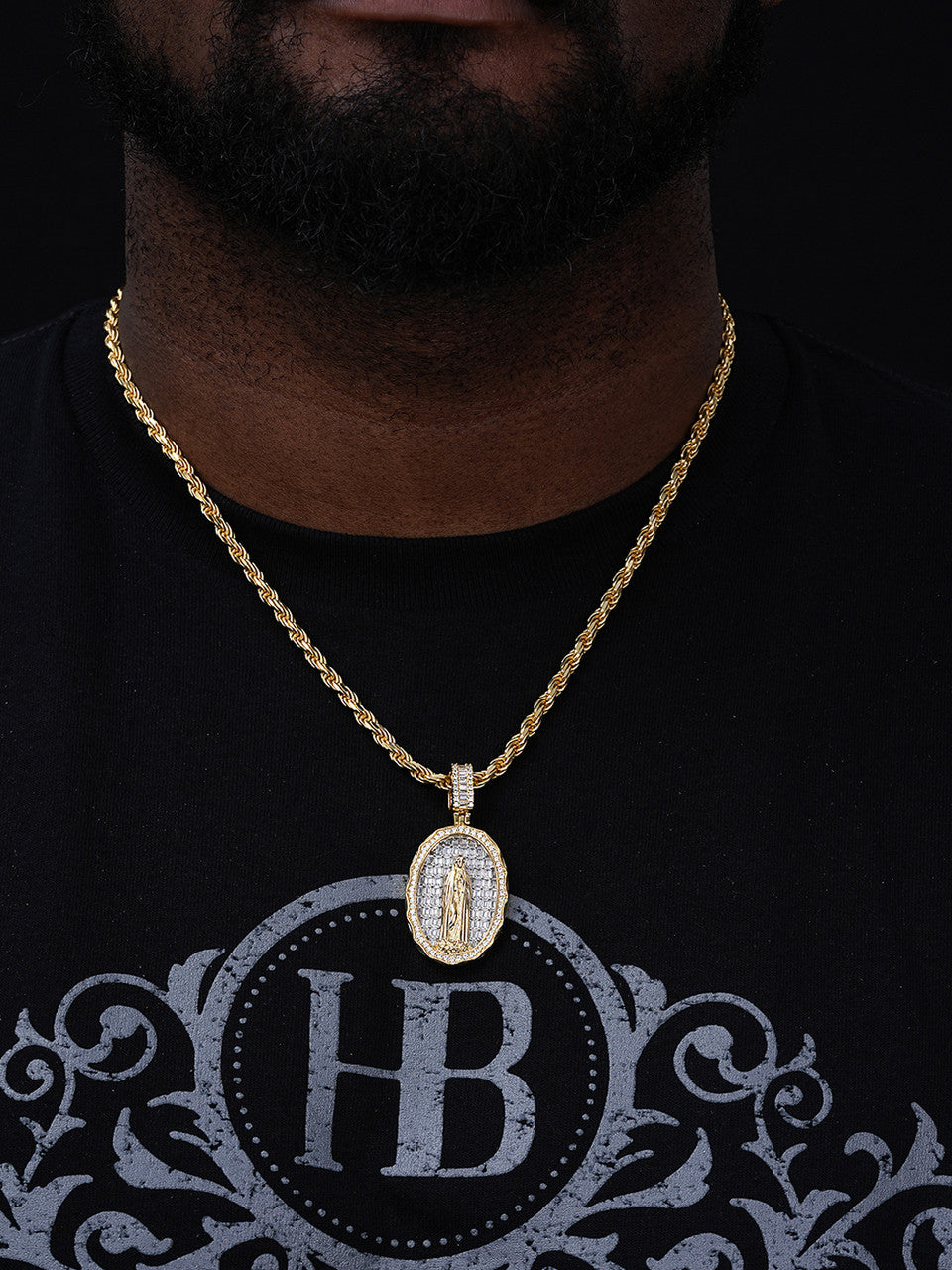 Real 925 Sterling Silver & 14k Gold - Virgin Mary Necklace Iced Baguette Pendant