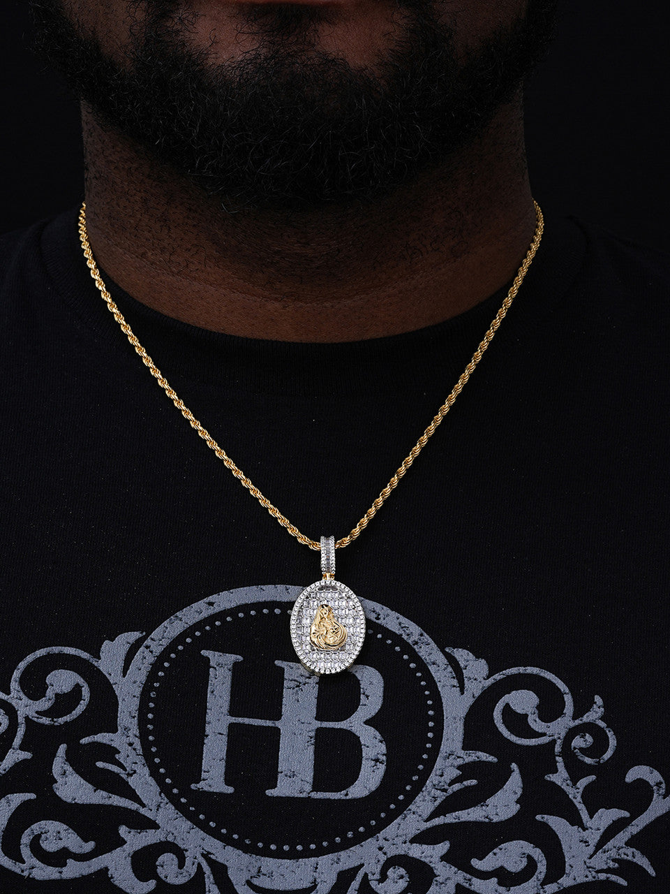 Our Lady Virgin Mary Iced Medallion Pendant - 14k Gold Vermeil Or 925 Silver - CZ Stones - Medium 2"