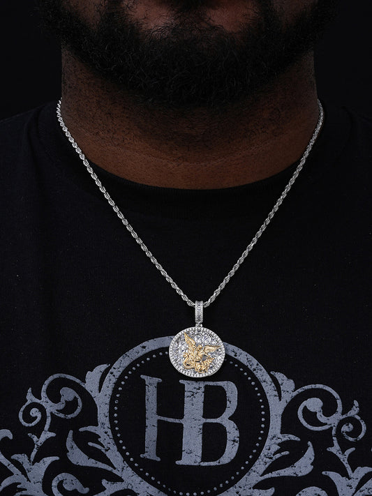 St Michael Archangel Medallion Pendant - 14k Gold Vermeil Or 925 Silver - CZ Stones - Medium 1.75"