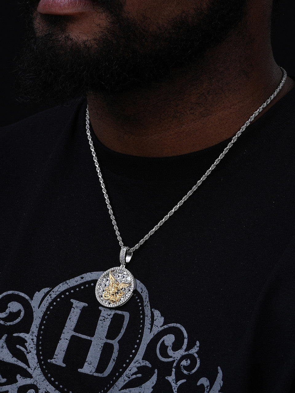 St Michael Archangel Medallion Pendant - 14k Gold Vermeil Or 925 Silver - CZ Stones - Medium 1.75"