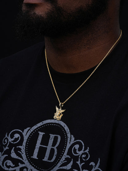 Saint Michael Archangel Slaying Dragon Pendant - 14k Yellow Gold Vermeil Or 925 Silver - CZ Stones - Small 1.33"