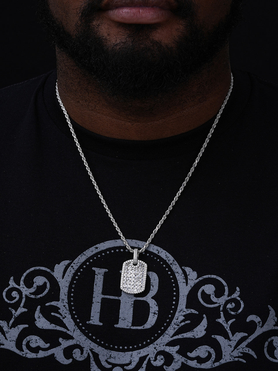 Dog Tag Iced Baguette Pendant - 14k Gold Vermeil Or 925 Silver - CZ Stones - Small 1.5"