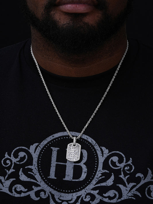 Dog Tag Iced Baguette Pendant - 14k Gold Vermeil Or 925 Silver - CZ Stones - Small 1.5"